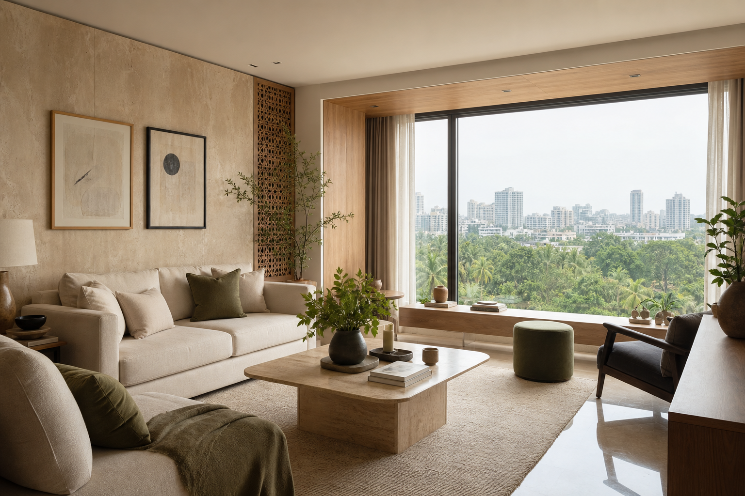 Contemporary apartment interior overlooking a green city skyline